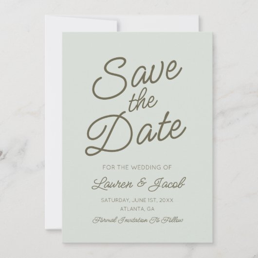 Modern Minimal Minimalist Green Wedding Save The Date (Voorkant)