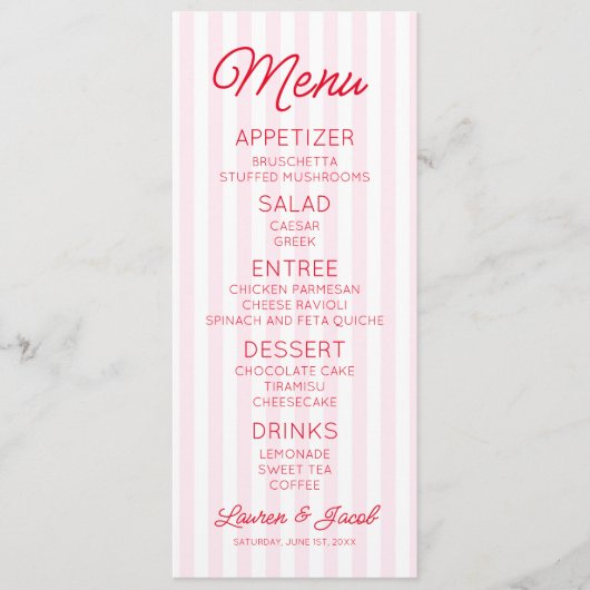 Modern Minimal Minimalist Pink Stripes Red Wedding Menu (Voorkant)