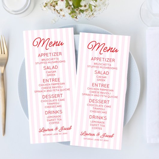 Modern Minimal Minimalist Pink Stripes Red Wedding Menu