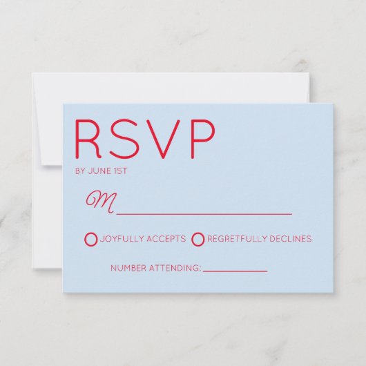 Modern Minimal Minimalist Red Blue Wedding RSVP Kaartje (Voorkant)