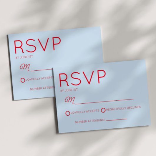 Modern Minimal Minimalist Red Blue Wedding RSVP Kaartje