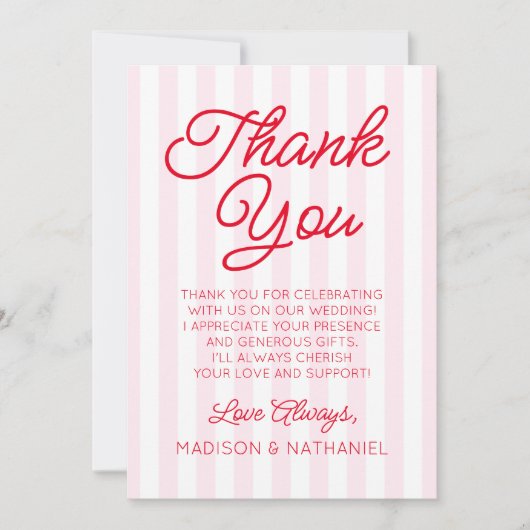 Modern Minimal Minimalist Red Pink Stripes Wedding Bedankkaart (Voorkant)