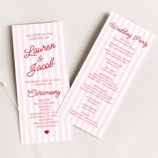Modern Minimal Minimalist Red Pink Stripes Wedding Programmakaart