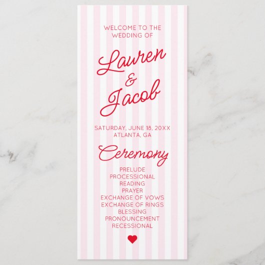 Modern Minimal Minimalist Red Pink Stripes Wedding Programmakaart (Voorkant)