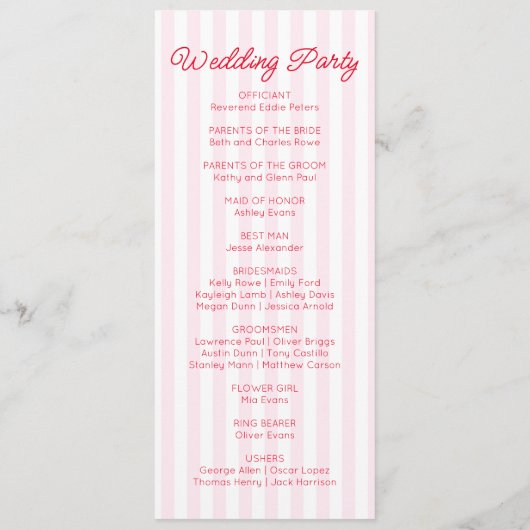 Modern Minimal Minimalist Red Pink Stripes Wedding Programmakaart (Achterkant)