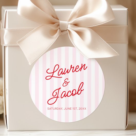 Modern Minimal Minimalist Red Pink Stripes Wedding Ronde Sticker