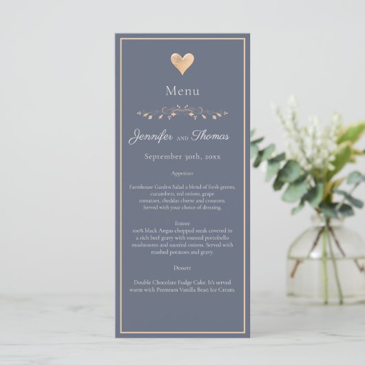 Modern Minimal Navy Blue Heart Wedding Menu (Staand voorkant)