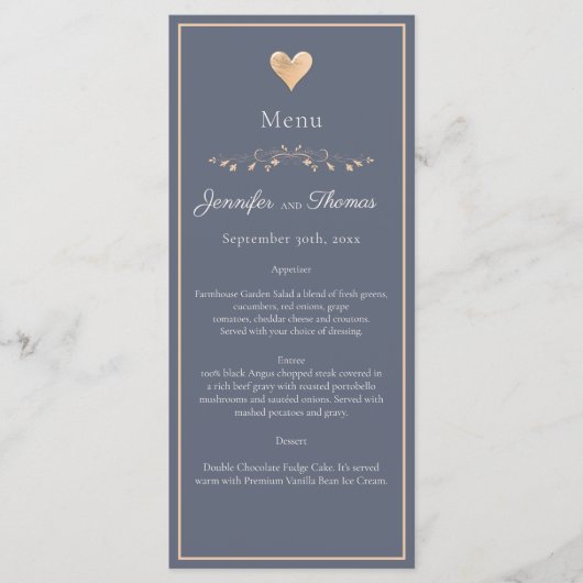 Modern Minimal Navy Blue Heart Wedding Menu (Voorkant)