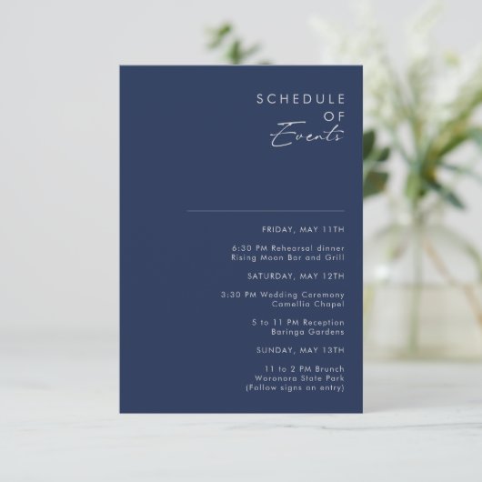 Modern Minimal Navy Blue Silver Schedule of Events Informatiekaartje (Staand voorkant)
