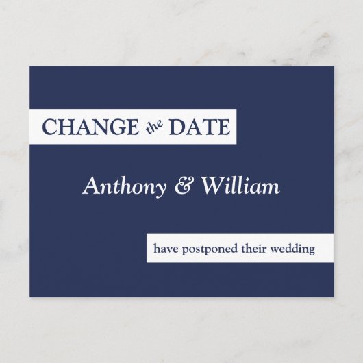 Modern Minimal Navy Blue Wedding Verander de datum Briefkaart (Voorkant)