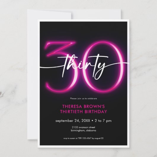Modern Minimal Neon Pink 30 Script Verjaardag Kaart (Voorkant)