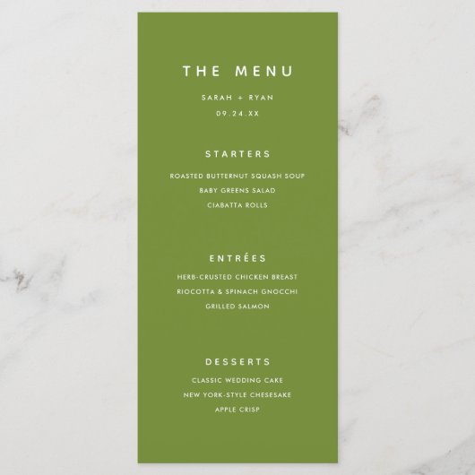 Modern Minimal Olive Green Custom Wedding Menu (Voorkant)