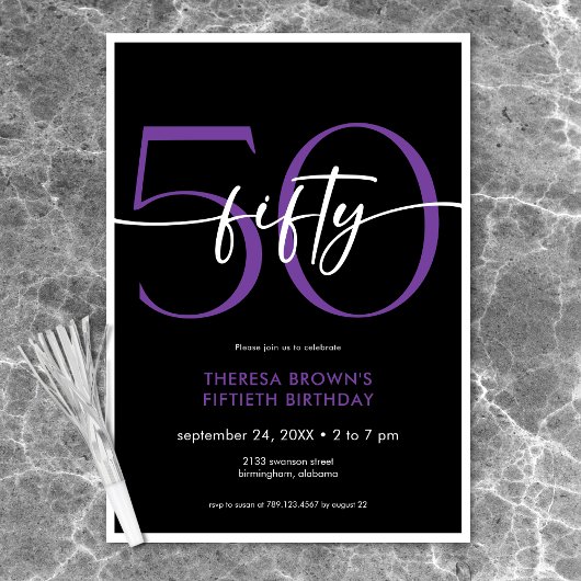 Modern Minimal Paarse Fifty Script Verjaardag Kaart