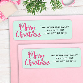 Modern Minimal Pink en Mint Green Vrolijk Kerstfee Etiket