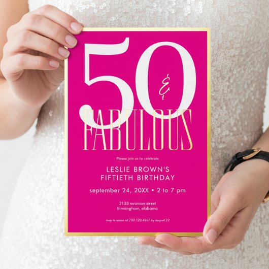Modern Minimal Pink Fifty & Fabulous Birthday Folie Uitnodiging