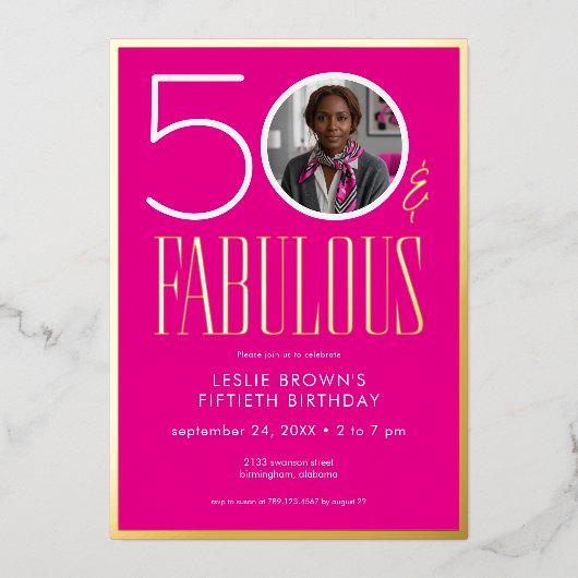 Modern Minimal Pink Fifty Fabulous Photo Birthday Folie Uitnodiging (Voorkant)