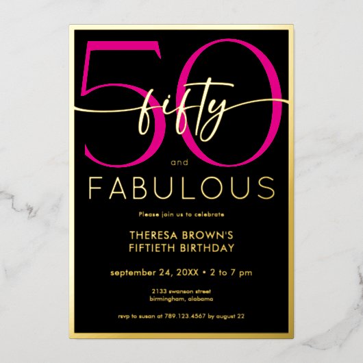 Modern Minimal Pink Fifty Fabulous Script Birthday Folie Uitnodiging (Voorkant)