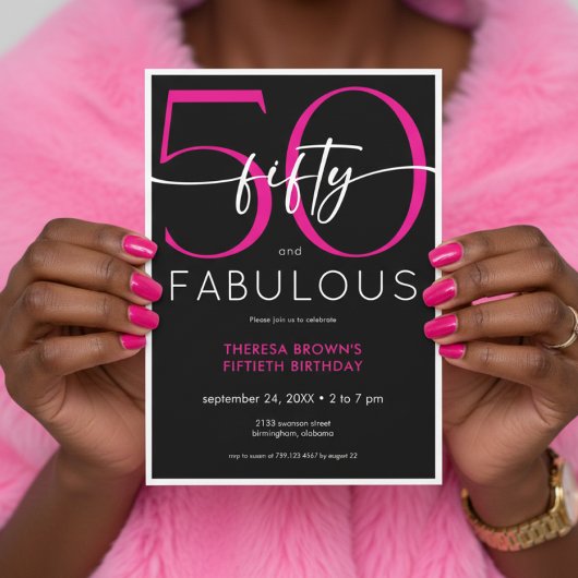 Modern Minimal Pink Fifty Fabulous Script Birthday Kaart