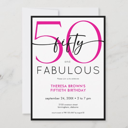Modern Minimal Pink Fifty Fabulous Script Birthday Kaart (Voorkant)