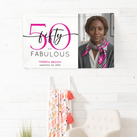 Modern Minimal Pink Fifty Fabulous Script Birthday Spandoek (Insitu)