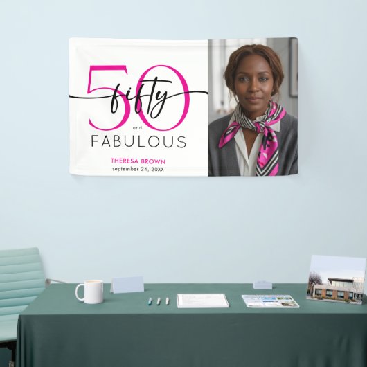 Modern Minimal Pink Fifty Fabulous Script Birthday Spandoek (Beurs)