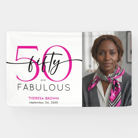 Modern Minimal Pink Fifty Fabulous Script Birthday Spandoek (Horizontaal)