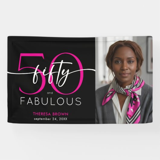 Modern Minimal Pink Fifty Fabulous Script Birthday Spandoek (Horizontaal)