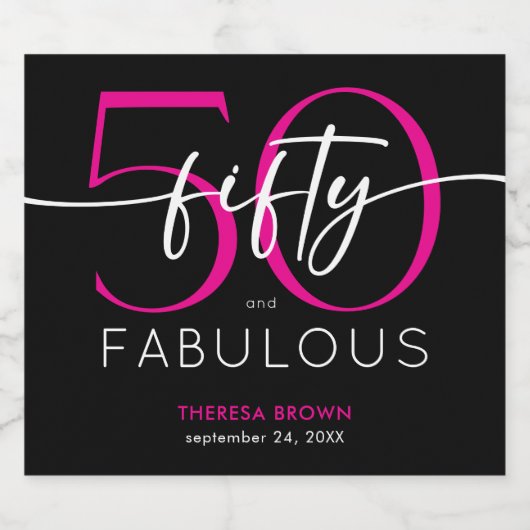 Modern Minimal Pink Fifty Fabulous Script Birthday Sparkling Wijnetiket (Enkel label)