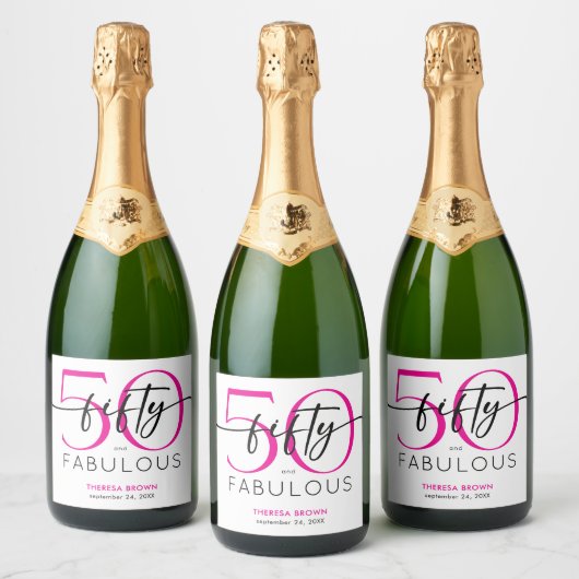 Modern Minimal Pink Fifty Fabulous Script Birthday Sparkling Wijnetiket (Flessen)