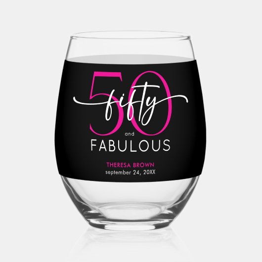 Modern Minimal Pink Fifty Fabulous Script Birthday Wijnglas Zonder Voet (Achterkant)
