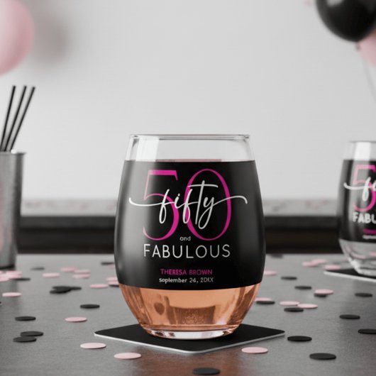 Modern Minimal Pink Fifty Fabulous Script Birthday Wijnglas Zonder Voet