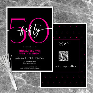 Modern Minimal Pink Fifty Script Verjaardag QR Kaart