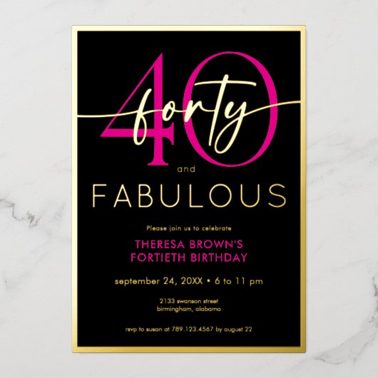 Modern Minimal Pink Forty Fabulous Script Birthday Folie Uitnodiging (Voorkant)