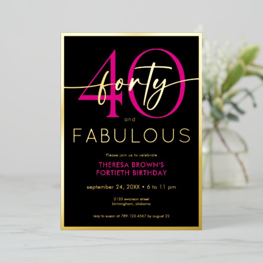 Modern Minimal Pink Forty Fabulous Script Birthday Folie Uitnodiging (Staand Voorkant)