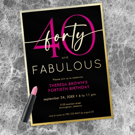 Modern Minimal Pink Forty Fabulous Script Birthday Folie Uitnodiging