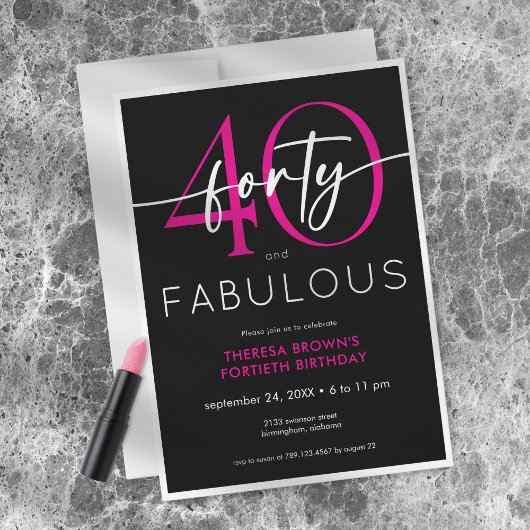 Modern Minimal Pink Forty Fabulous Script Birthday Kaart
