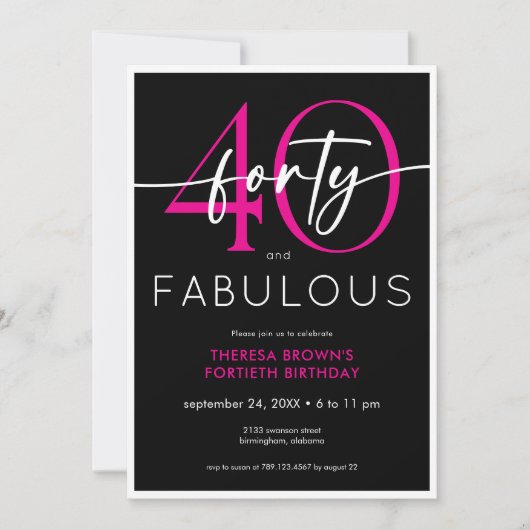 Modern Minimal Pink Forty Fabulous Script Birthday Kaart (Voorkant)