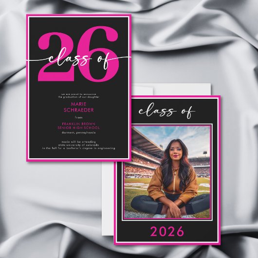 Modern Minimal Pink Script Graduation Announcement Kaart