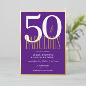 Modern Minimal Purple Fifty & Fabulous Birthday Folie Uitnodiging (Staand Voorkant)