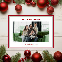 Modern Minimal Red Border Photo Feliz Navidad Feestdagenkaart