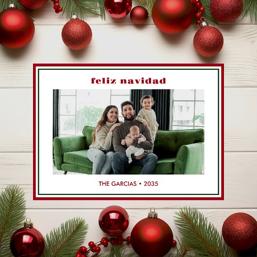 Modern Minimal Red Border Photo Feliz Navidad Feestdagenkaart