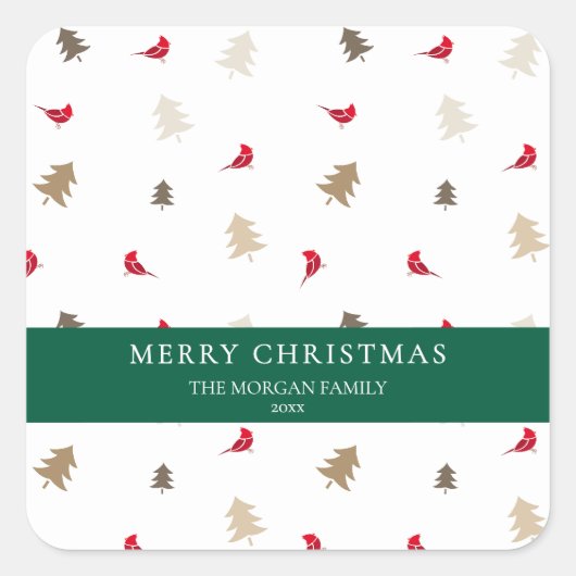 Modern Minimal Red Cardinal Christmas Tree Pattern Vierkante Sticker (Voorkant)