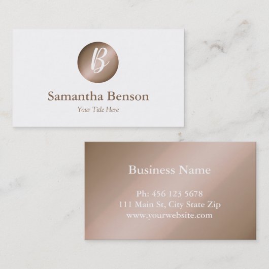 Modern Minimal Roos Gouden Cirkel Wit Monogram Visitekaartje (Voorkant / Achterkant)