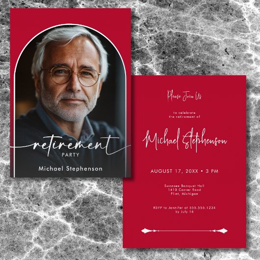 Modern Minimal Scarlet Red Retirement Party Folie Uitnodiging