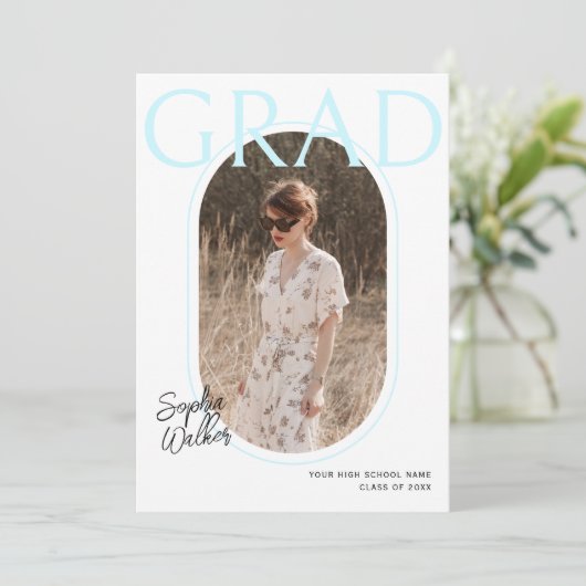 Modern Minimal Script Aqua Photo Graduation Party Kaart (Staand voorkant)