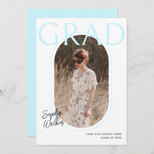 Modern Minimal Script Aqua Photo Graduation Party Kaart (Voorkant / Achterkant)