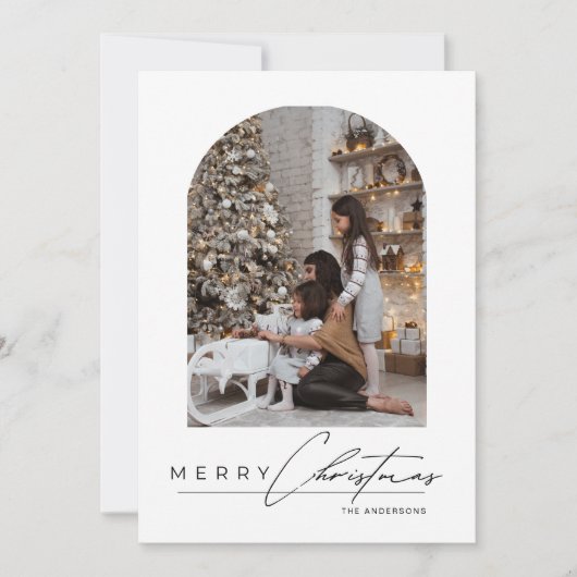 Modern Minimal Script Arch Familie Foto Kerstmis Feestdagenkaart (Voorkant)