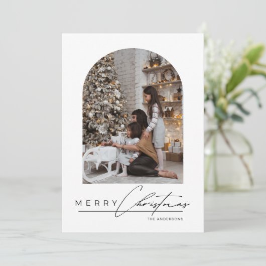 Modern Minimal Script Arch Family Photo Christmas Feestdagenkaart (Staand voorkant)