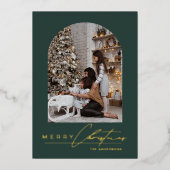 Modern Minimal Script Arch Photo Green Christmas Folie Feestdagenkaart (Voorkant)