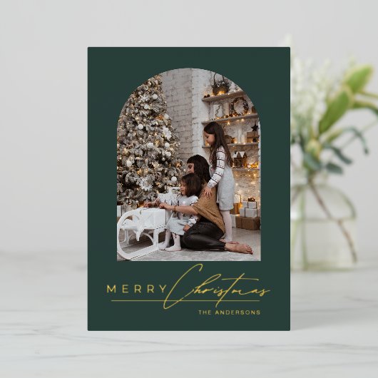 Modern Minimal Script Arch Photo Green Christmas Folie Feestdagenkaart (Staand Voorkant)